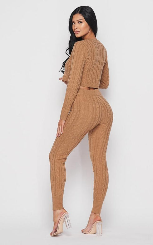Cable Knit Crop Top and Leggings Set - Mocha - SohoGirl.com